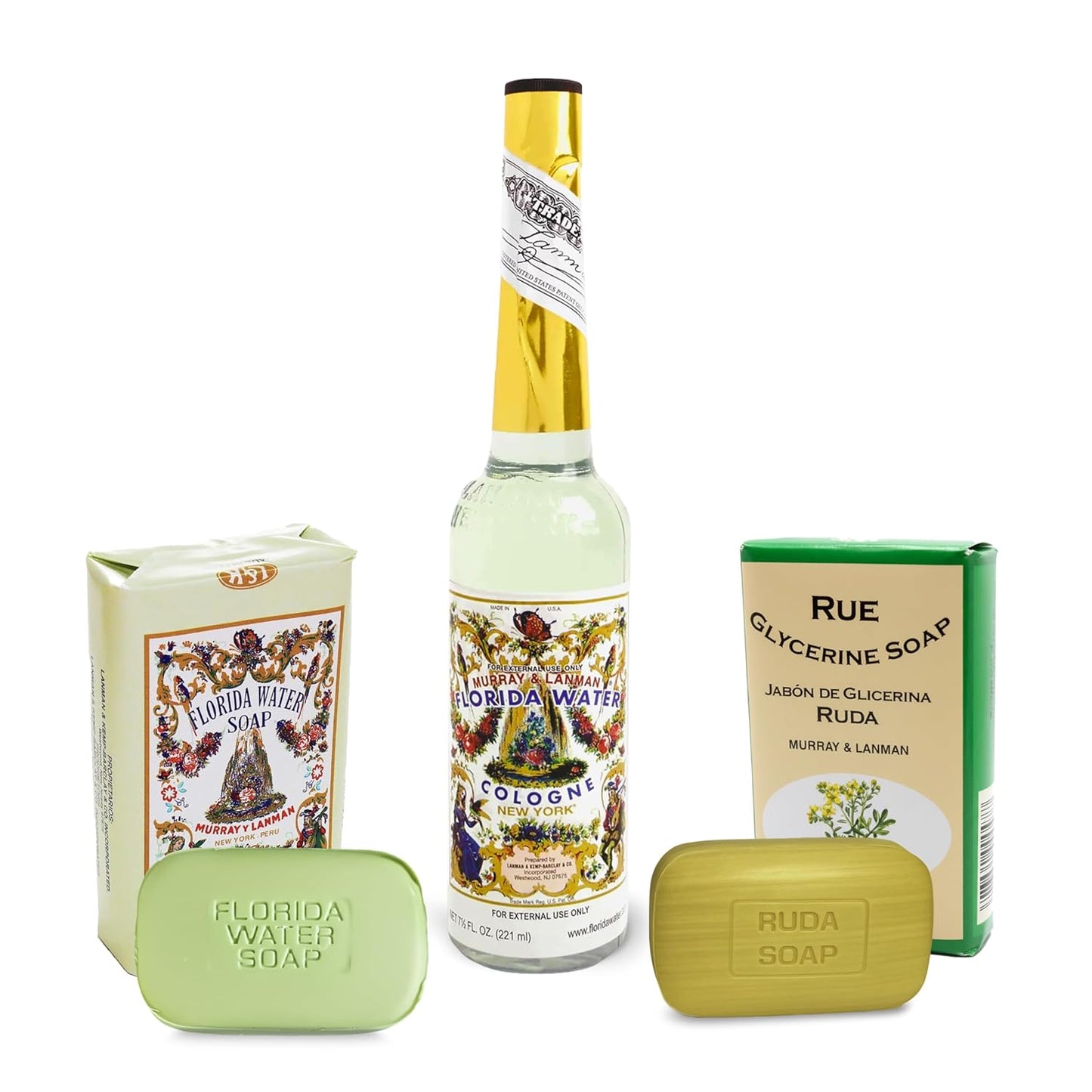 Murray & Lanman Florida Water Cologne 7.5 oz Bundle | Rue Glycerine Soap 3.35 oz (3 Items)
