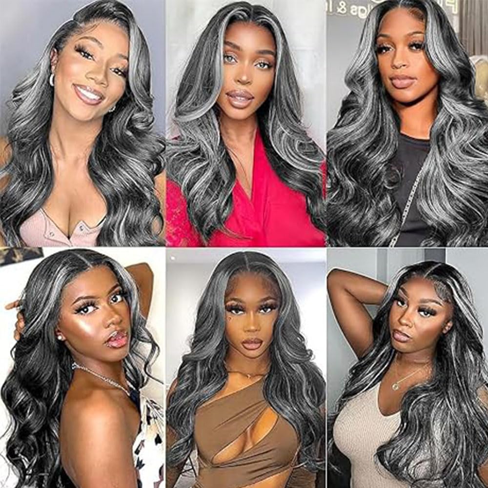 Bafamiya Highlight Grey Human Hair Bundles Body Wave 12 14 16 Inch P1B/Grey Bundles Human Hair 3 Bundle 300g Total Unprocessed Brazilian Virgin Hair for Black Women