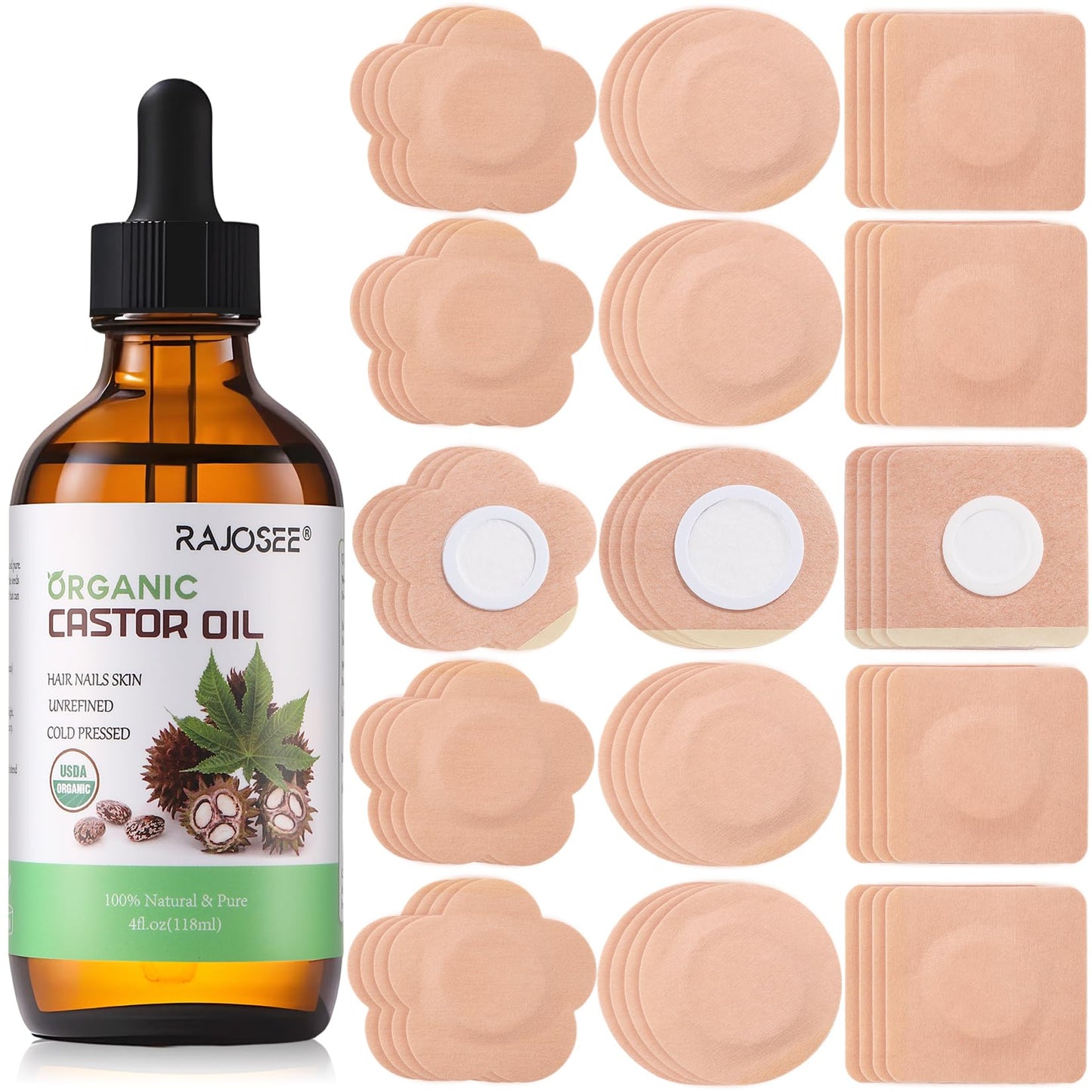 Castor Oil Pack Wrap for Belly Button with 4oz Organic Castor Oil in Glass Bottle, Highly Absorbent Cotton Belly Button Patches Self Adhesive (60pcs belly pack with oil)