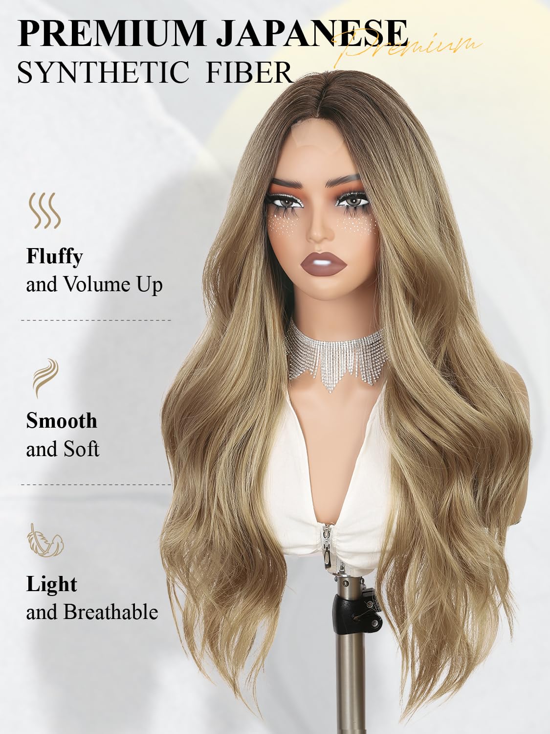 quickwig Ombre Blonde Wig Realistic HD Lace Scalp Long Curly Wavy Wigs for Women Blonde Synthetic Layered Wave Wig Long Wavy Middle Part Curly Wigs Heat Resistant Fiber for Daily Cosplay Halloween