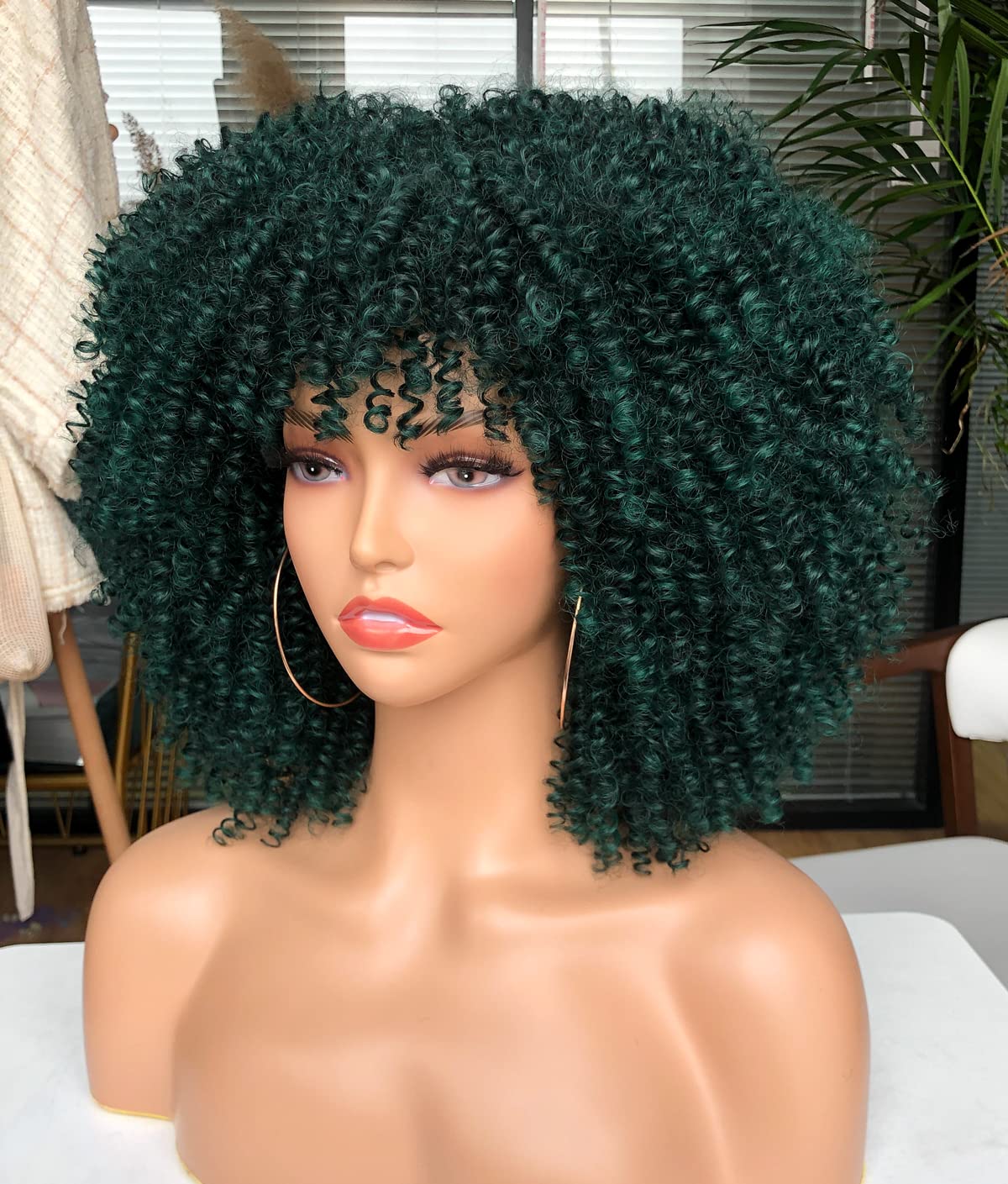 CURLCRAZY Curly Wig with Bangs for Black Women Short Kinky Curly Afro Wig