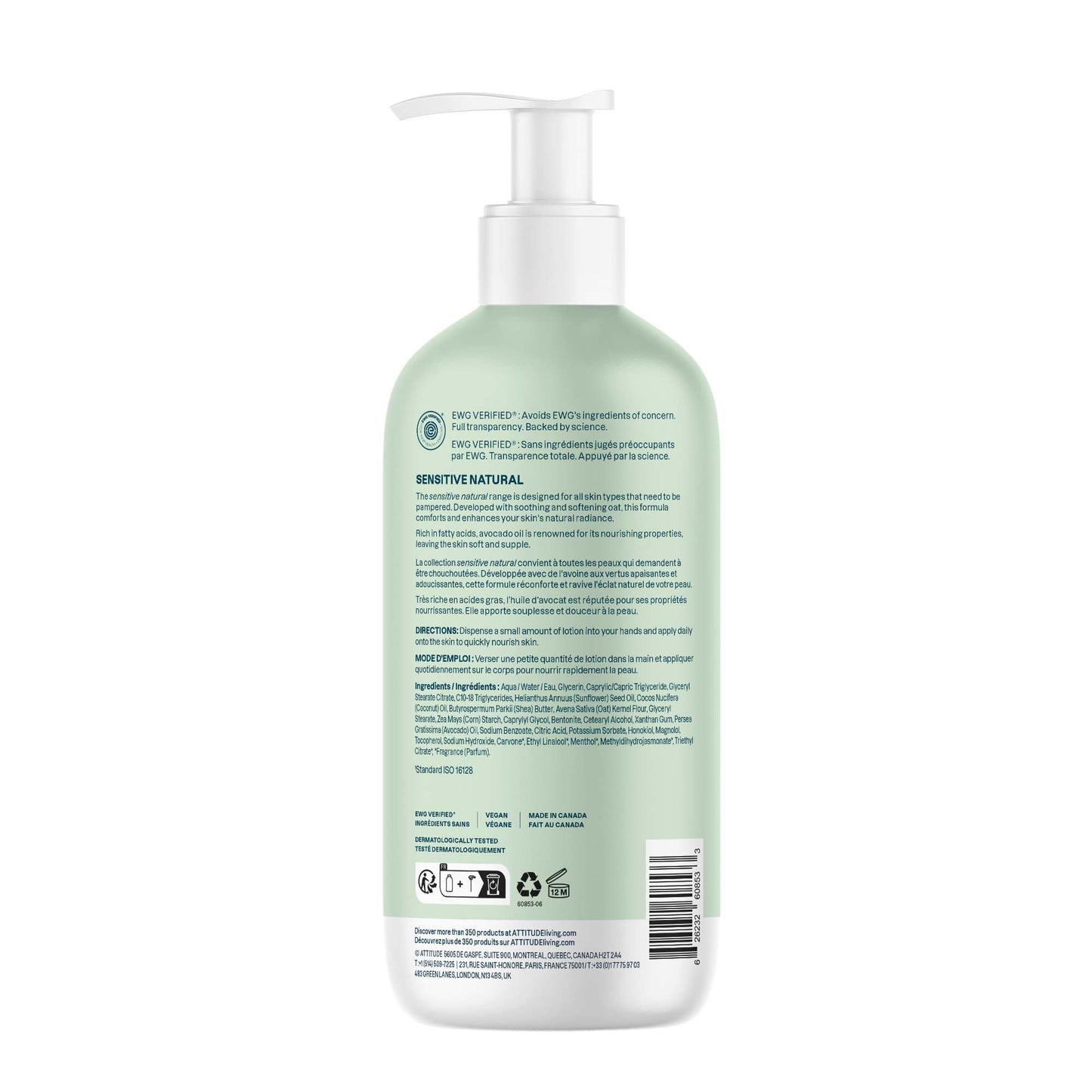 ATTITUDE Body Lotion for Sensitive Skin with Oat, EWG Verified, Dermatologically Tested, Vegan, Avocado Oil, 16 Fl Oz