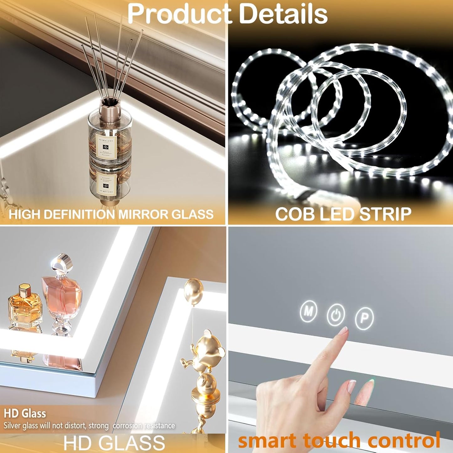 Vanity Mirror with Lights - 16" LED Makeup Mirror | Smart Touch Control, 3 Color Dimmable, 360° Rotation, Gold