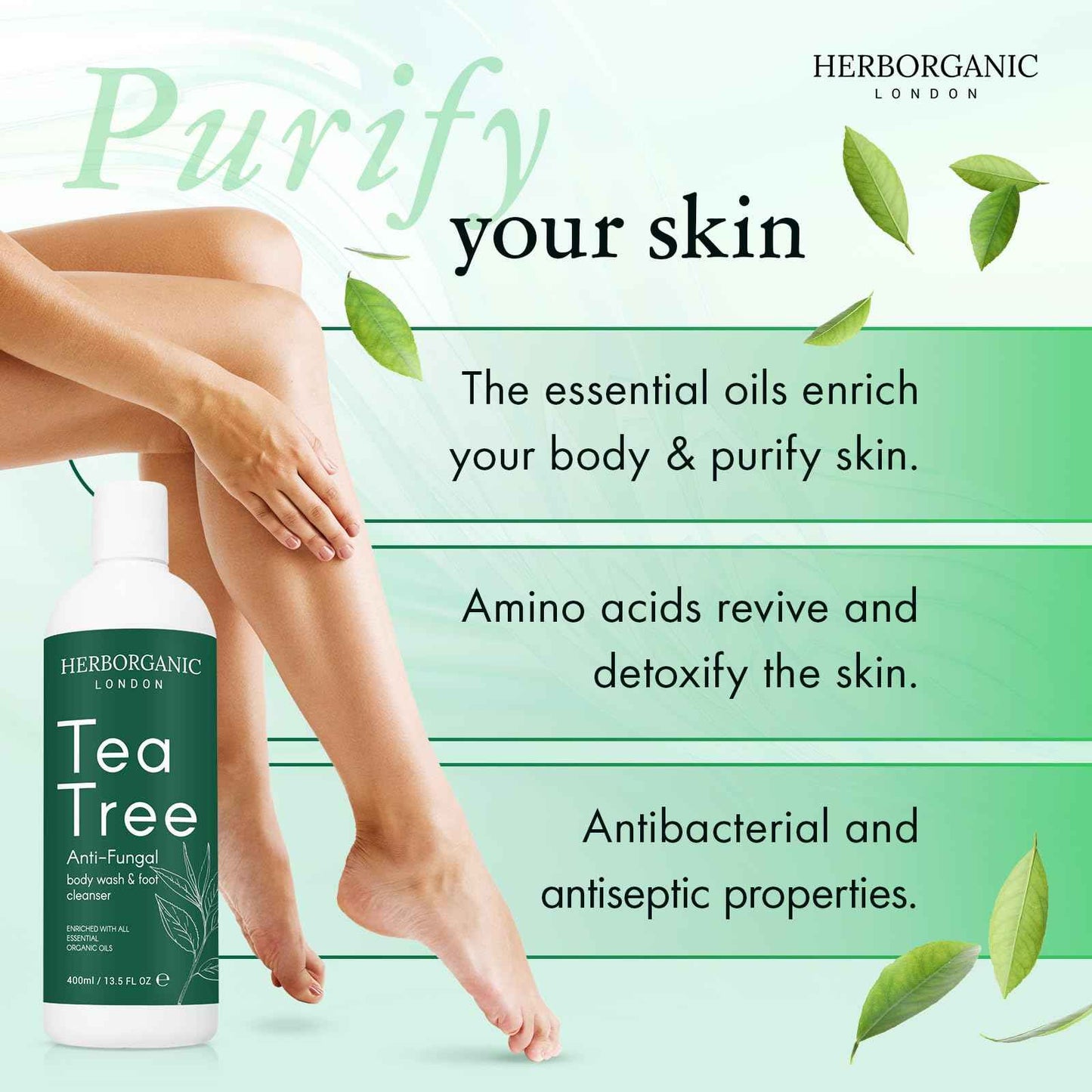 HERBORGANIC Tea Tree Body Wash - 400ml - Body Wash - Vegan, Odor and Foot Cleansing Shower Gel