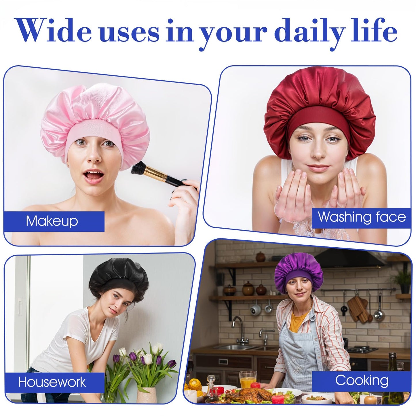 COMNICO 22 Pcs Silk Hair Bonnet for Sleeping, Elastic Wide Band Satin Bonnets Reusable Soft Sleep Cap Color Large Bathing Shower Cap for Women Curly Hair