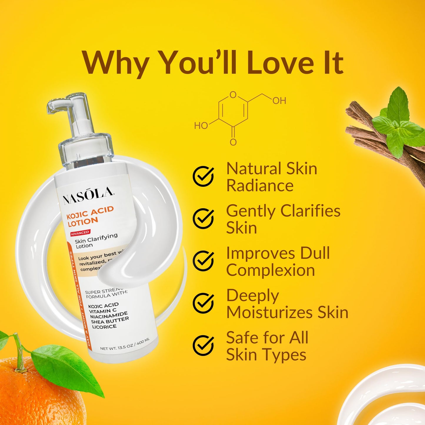 Nasola Kojic Acid Lotion Natural Skin Clarifying for Face & Body with Vitamin C, Niacinamide, Shea Butter, Licorice & Green Tea for Complexion Revitalization, Body Lotion Women & Men