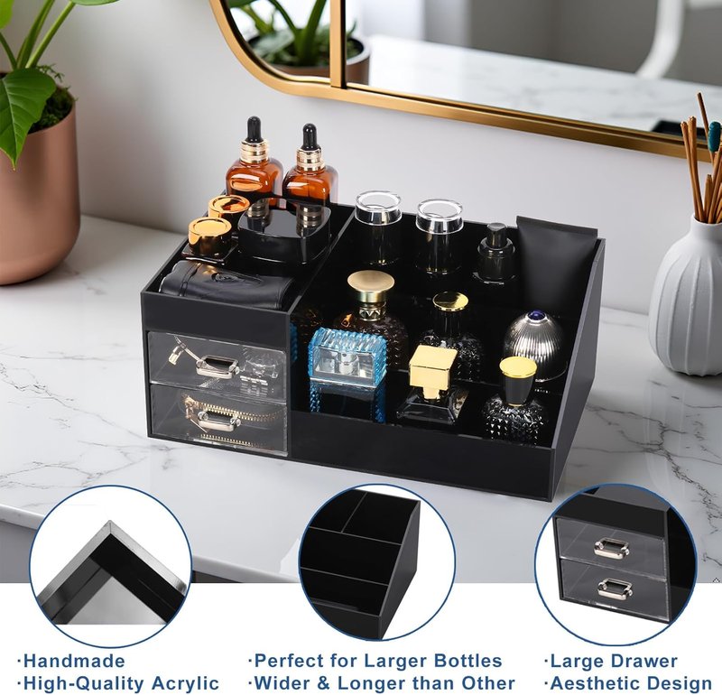 Acrylic Cologne & Watch Organizer for Men - Large Bathroom Vanity Storage & Dresser Caddy with Drawers