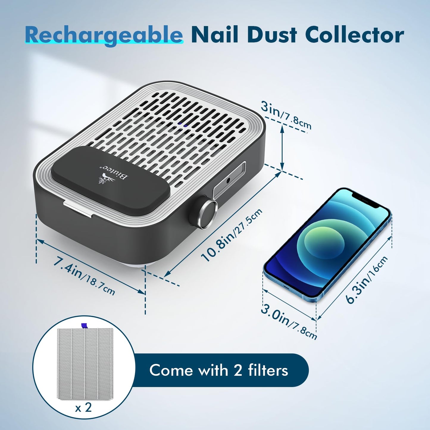Rechargeable Nail Dust Collector, 80W Powerful Dust Suction Machine Vacuum Nail Fan Dust Collector with Adjustable Suction for Nail Salons & DIY Home