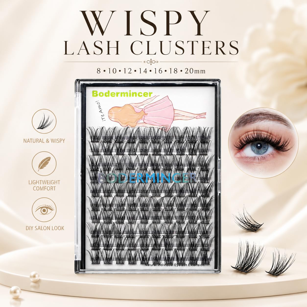 BODERMINCER Wispy Lash Clusters, DIY Individual Lashes Extensions 8-20mm, Natural Fluffy False Eyelash Clusters for At Home Lash Extension Look (14MM)