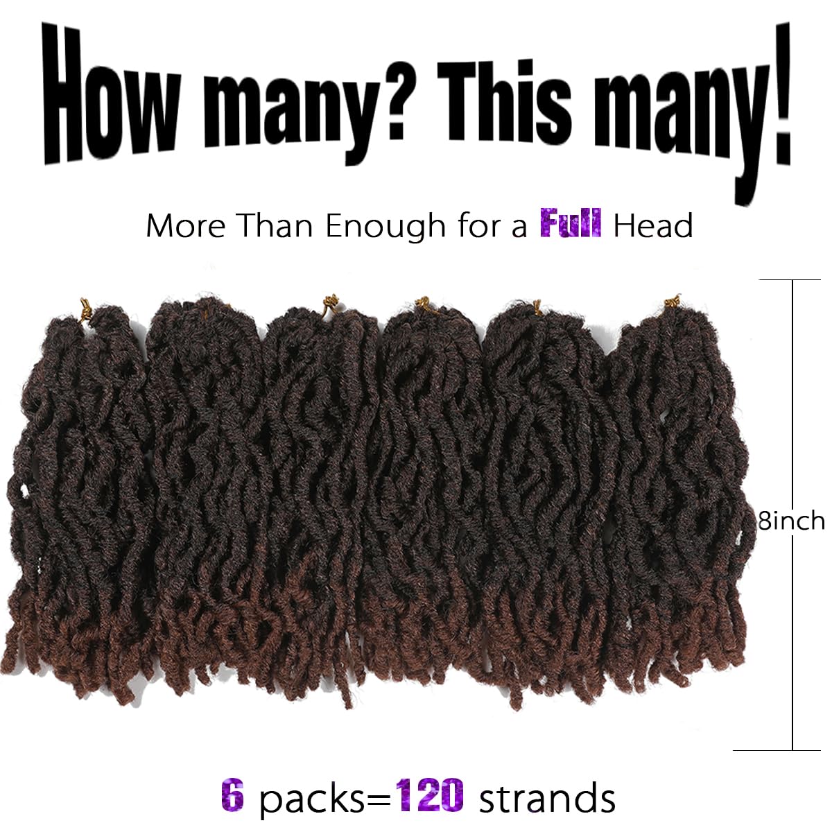 FANCEE Faux Locs Crochet Hair - 8-Inch Short Curly Dreadlock Extensions for Black Women | Ombre Brown Wavy Braids (6 Packs, 120 Strands)