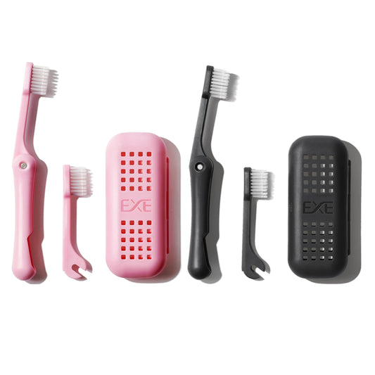 Minibox Folding Travel Toothbrush with Dual-Length Bristles & Case, Compact Mini Design for Business Trips, Camping, and Outdoor Activities, 2 Pack with 2 Extra Replaceable Brush Heads, Black