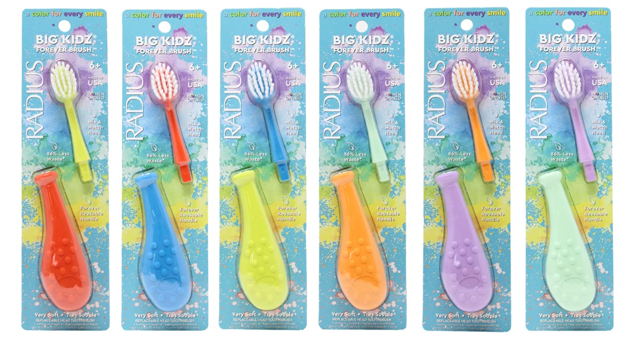 Radius Big Kidz Forever Brush with Replaceable Head Toothbrush for Children, 6 Years and Up, BPA Free ADA Accepted for Growing Teeth and Gums - Right and Left Handed, Extra Soft