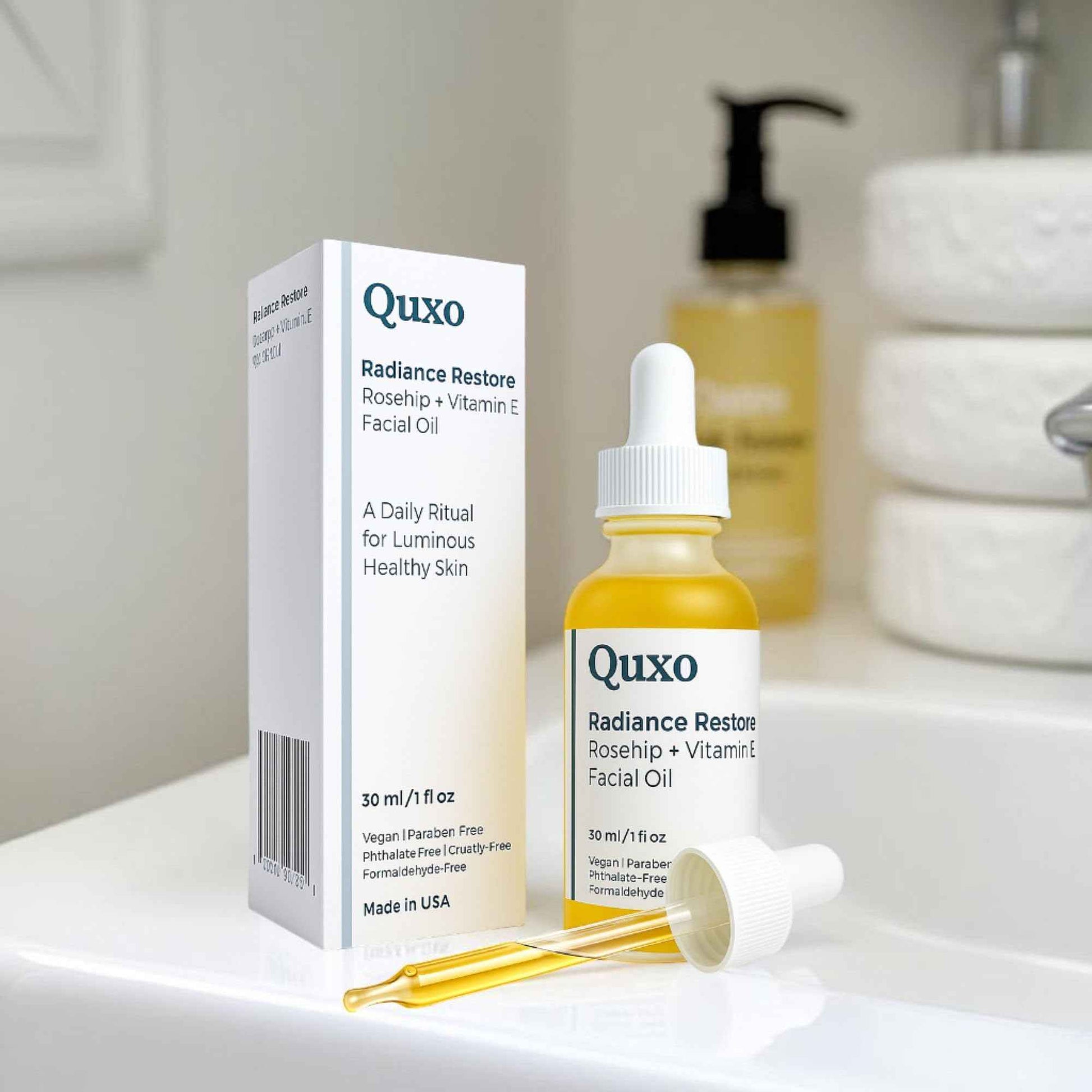 Quxo Radiance Restore Rosehip & Vitamin E Facial Oil for Face, Neck & Décolleté – Lightweight Nourishing Formula – Non-Greasy, Fast-Absorbing, Vegan, Fragrance-Free – 30ml