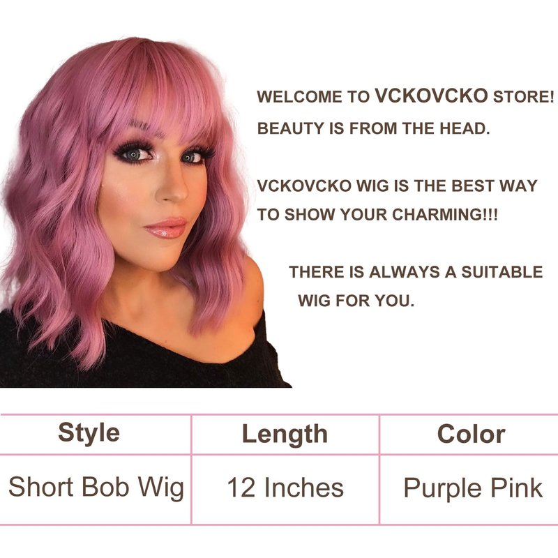 VCKOVCKO Pink Wavy Wig With Air Bangs Gift for Lady and Girls Women's Short Wigs Curly Wavy Shoulder Length Synthetic Wig for Women Daily Use Colorful Wigs(12", Purple Pink)