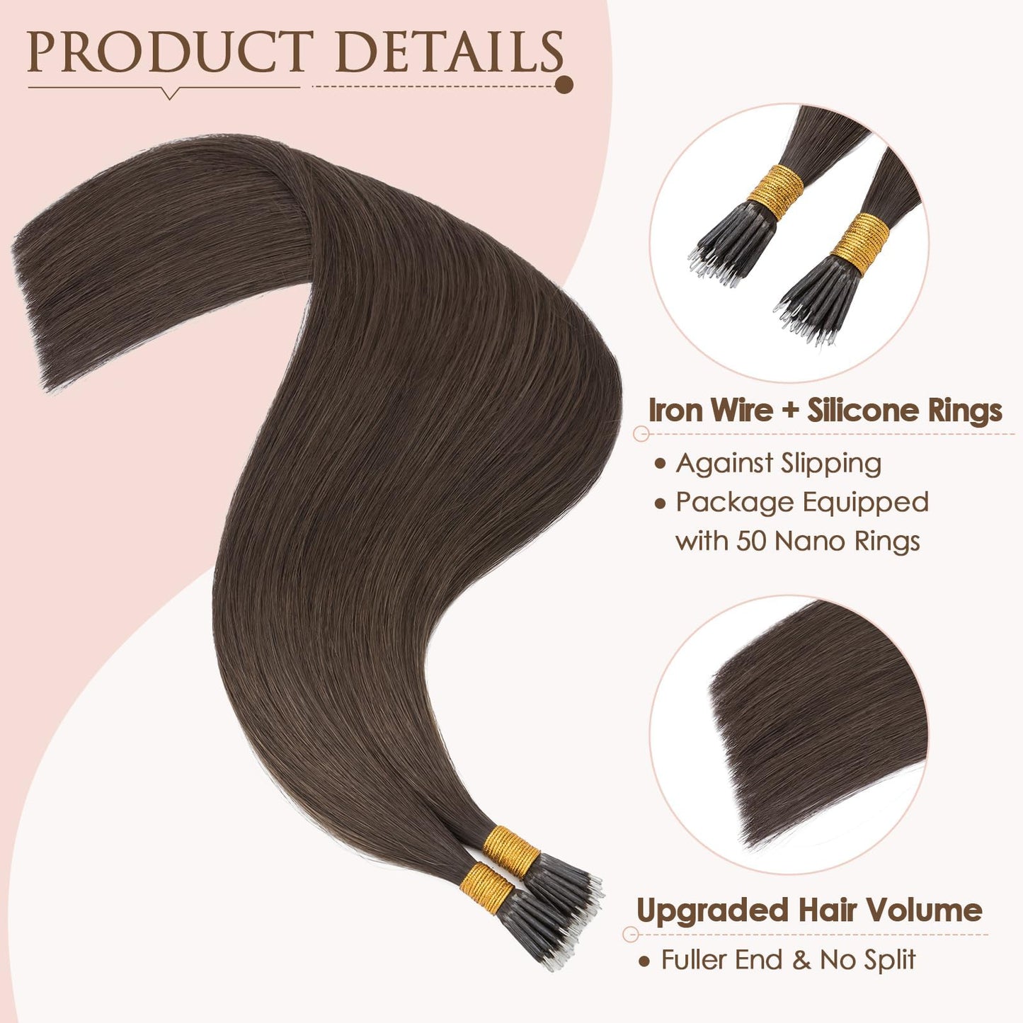 TESS Nano Bead Human Hair Extensions, Nano Ring Hairpieces Nano Tip Hair Extensions Pre-Bonded Seamless Look 50pcs/pack, 16 inch, #2R Dark Brown