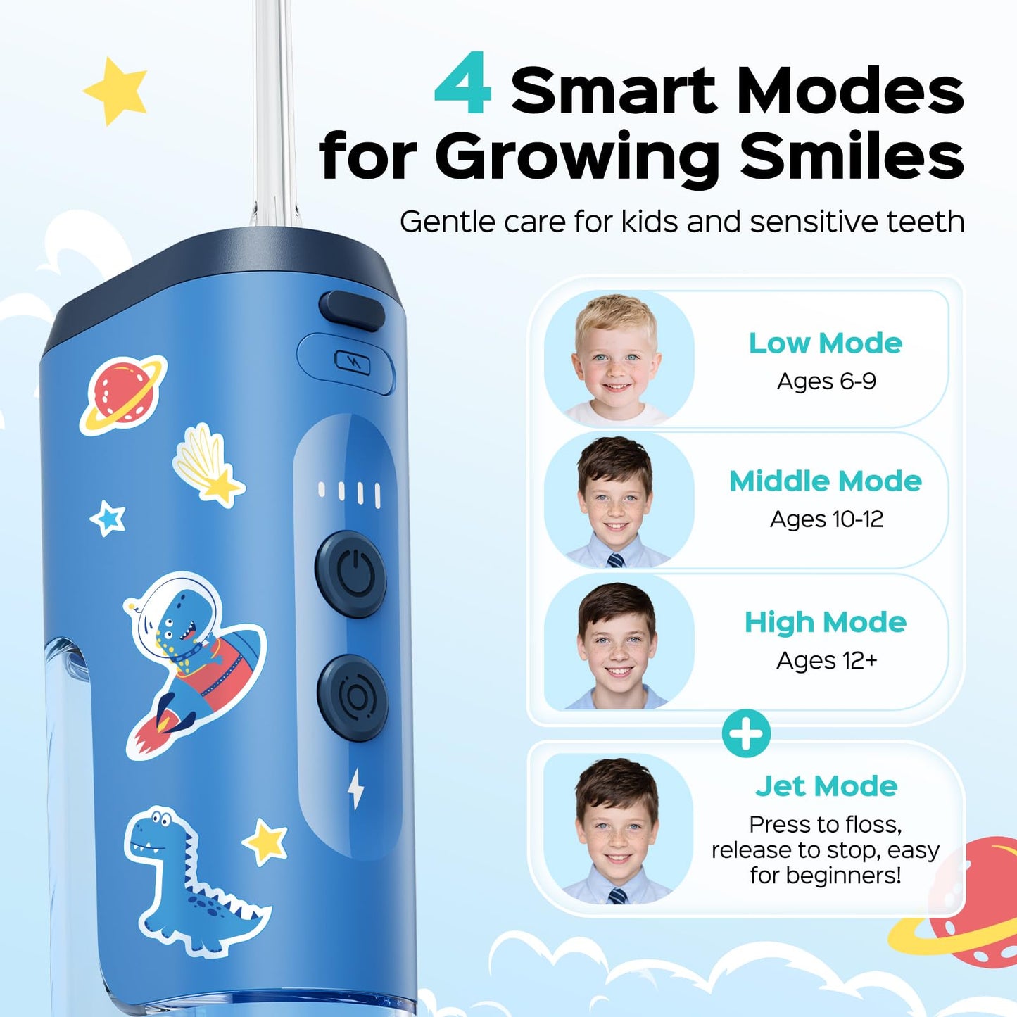 COSLUS T40 Portable Water Flosser for Kids: 4 Gentle Modes for Ages 6+, Braces & Sensitive Teeth - with Fun DIY Stickers, 4 Storable Nozzles, Mini Compact for Home School & Travel, BPA-Free, Blue