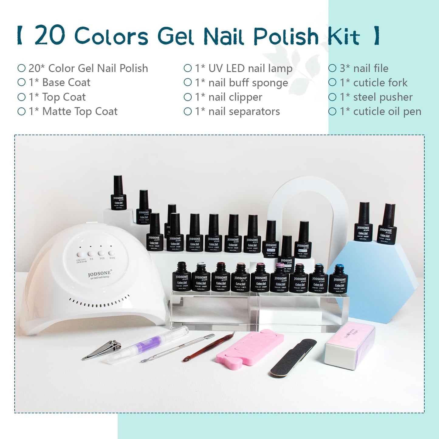 JODSONE Gel Nail Set 20+3 Colors High Shine Gorgeous Gel Polish Base Top Matte Coat Nice Gifts Show Charm