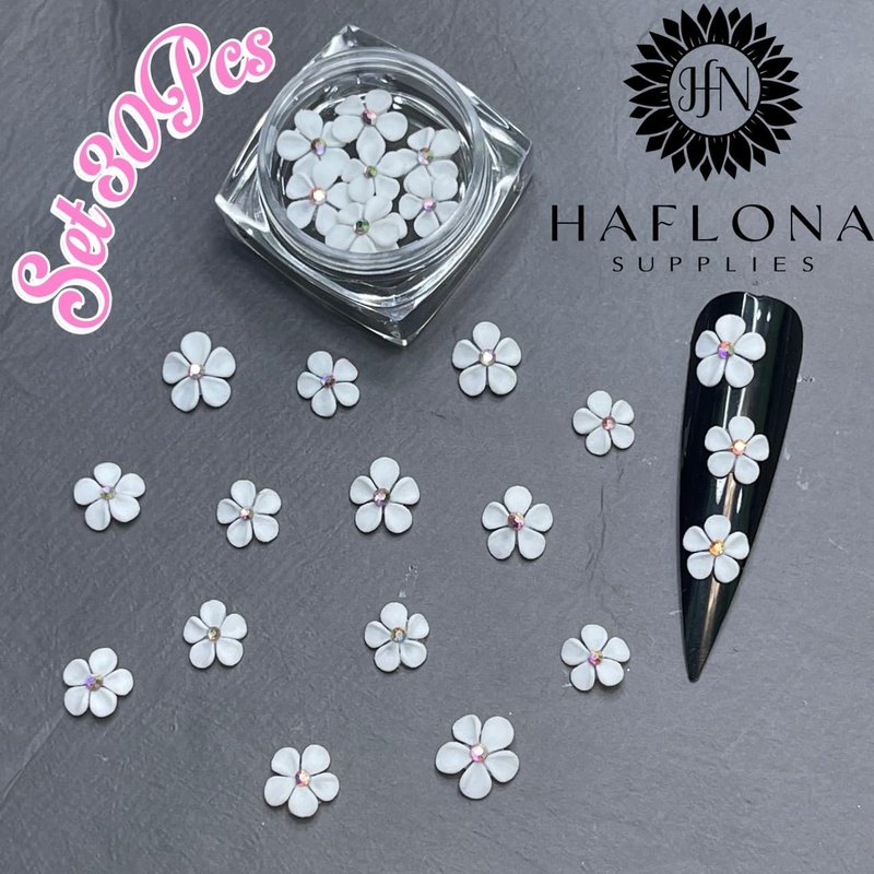 Set 30Pcs White 3D Flowers for Nails, Handmade 3D Acrylic Flowers for Nails, Flower Nail Charms Rhinestones Gems by Acrylic Powder Design Deco Nail Art Women Girls (White with Rhinestones-30Pcs)