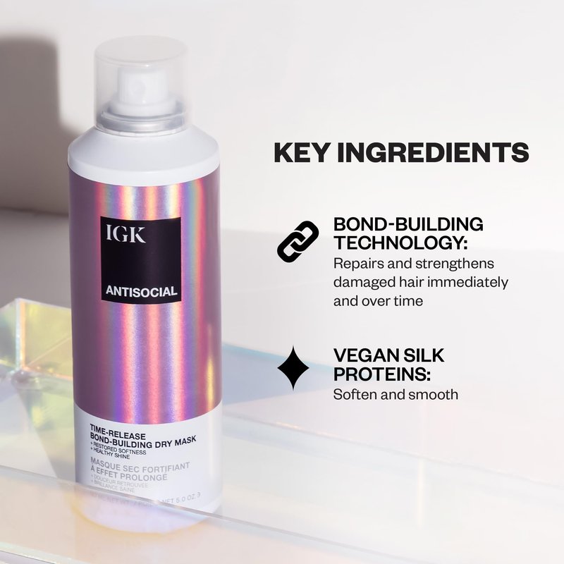 IGK Antisocial Leave-In Repair Dry Hair Mask, Overnight Bond-Building Treatment for Damaged Hair, No-Rinse Spray Smooths Frizz + Adds Shine, Vegan + Color-Safe, 5 fl oz