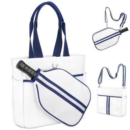 MetroTesco Pickleball Bag for Women Men, PU Leather Sports Pickle Ball Bags, Crossbody Sling Tote with Removable Shoulder Strap, Gift for Pickleball Enthusiasts (Navy White)