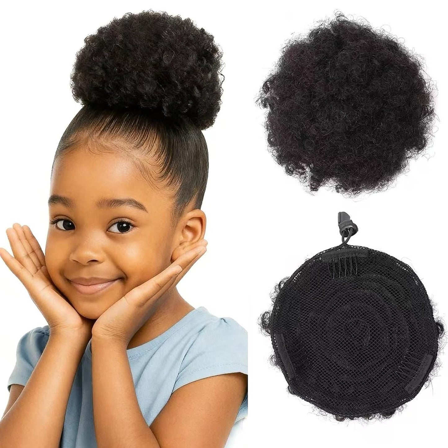 Voluminous Afro Puff - 100% Human Hair Drawstring Ponytail | Heat-Resistant Kinky Curly Extension (8in, Natural Black 1B#)