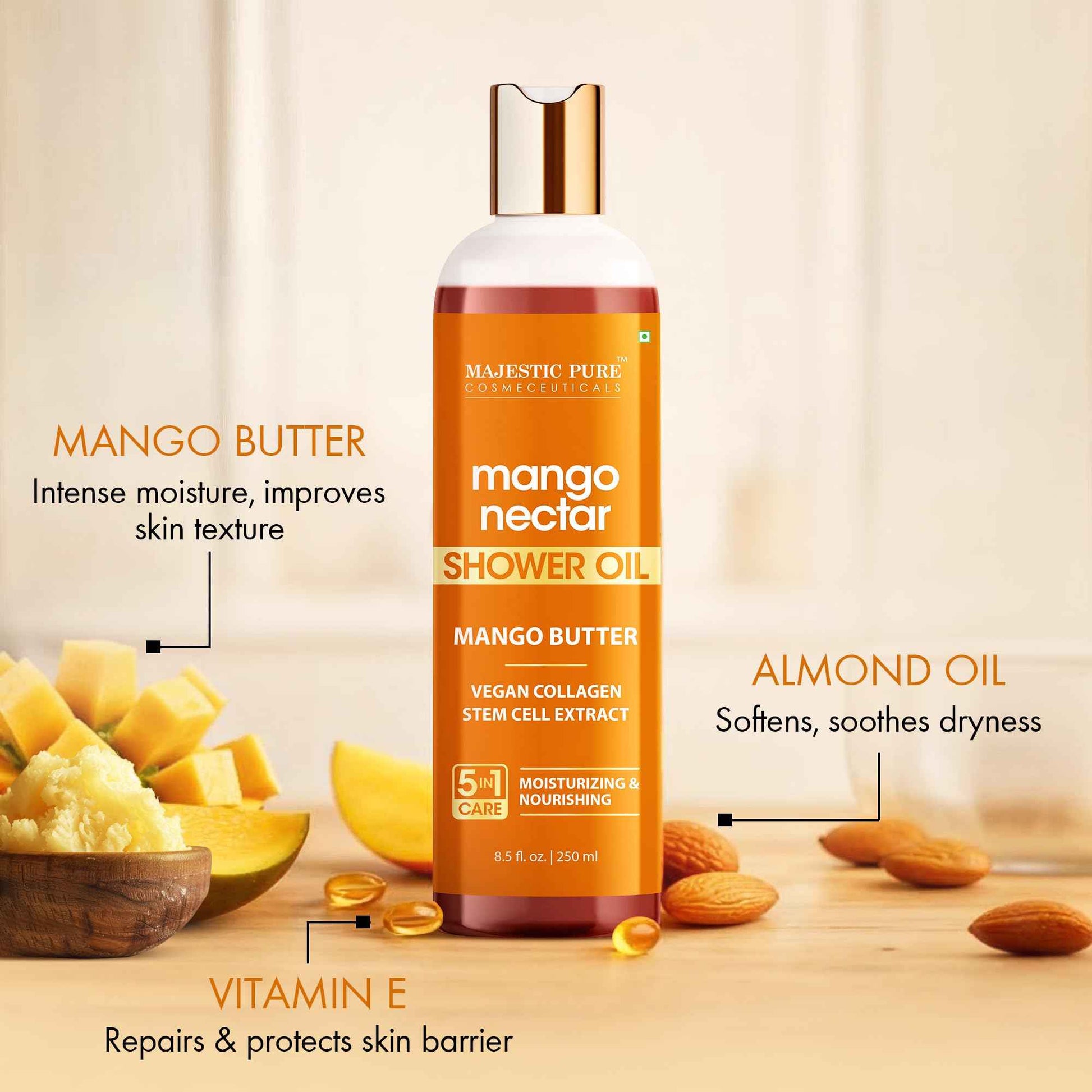 Majestic Pure Mango Nectar Shower Oil, Moisturizing with Mango Butter and Vegan Collagen, 8.5 fl oz