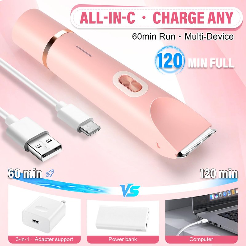 Women's Bikini Trimmer, 2-in-1 Electric Shaver for Bikini Line, Legs, Underarms, Face - Waterproof Women's Electric Shaver for Sensitive Skin, USB Rechargeable (Pink)