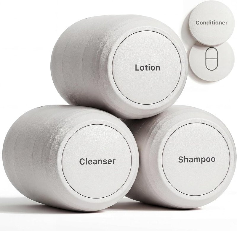 Travel Toiletry Containers - Ultra Leakproof TSA-Approved Hard Shell Jars | 3 Pack, 2oz, Beige with Magnetic Labels