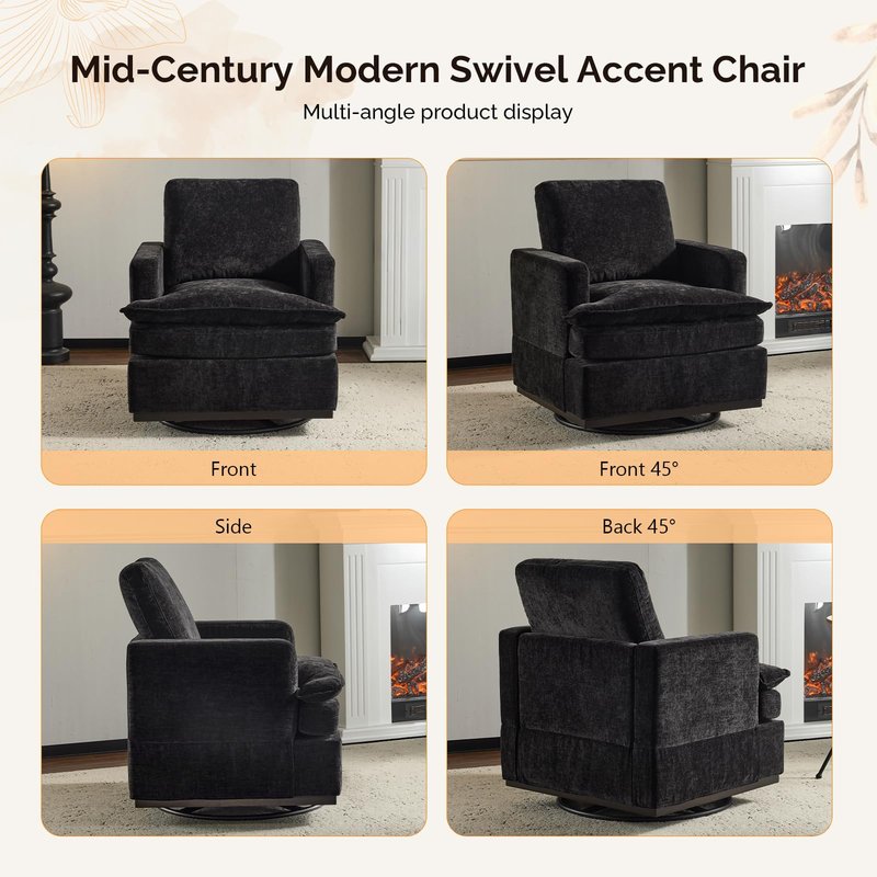 VINGLI 360° Swivel Accent Chair with Double-Layer Seat Cushions, Comfy Single Square Sofa Armchair, Upholstered Club Chair for Living Room,Bedroom, Reading Room, Chenille Black