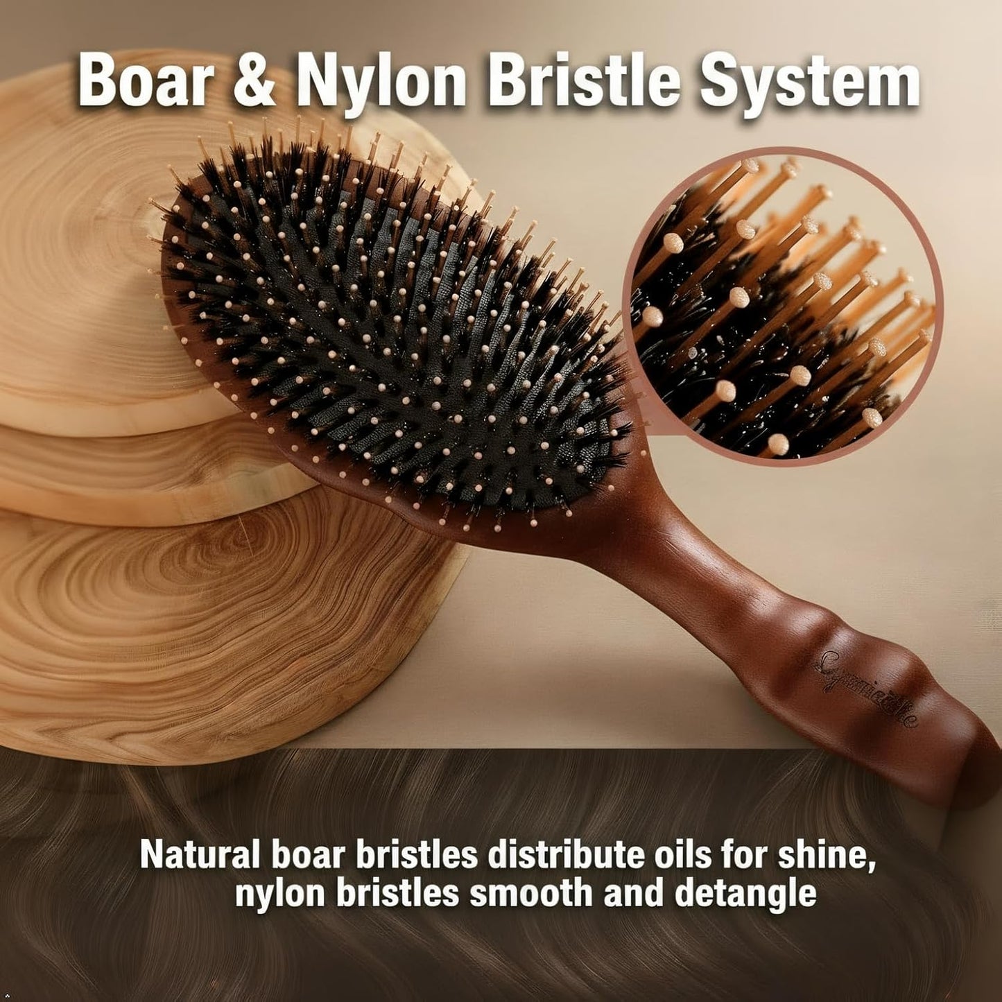 Boar Bristle Hair Brush - Gentle Detangling for Fine, Thin & Curly Hair | Smooth, Shiny Finish