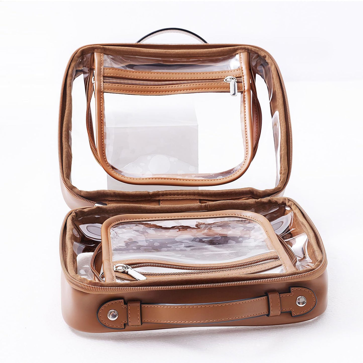 SANHECUN traveling toiletry case clear cosmetics case makeup bag Dimensions | LxWxH:10” x 4.5” x 7.5”(Brown, Medium)