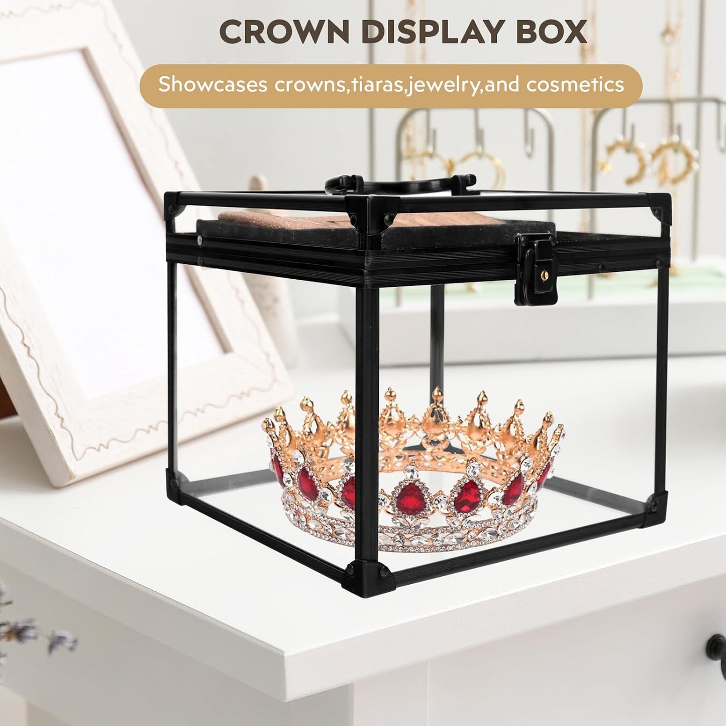 Pageant Crown Box Tiara Carrying Case - Extra Large Clear Acrylic Display Organizer | Black, 9 Inches Wide