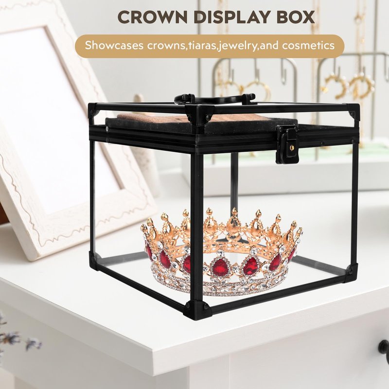 Donghome 9inches Wide Crown Boxes for Pageants Tiara Carrying Case with Sash Holder, Clear Acrylic Makeup Display Case,Toiletry and Cosmetic Organizer (Black, 230 * 230 * 205mm)