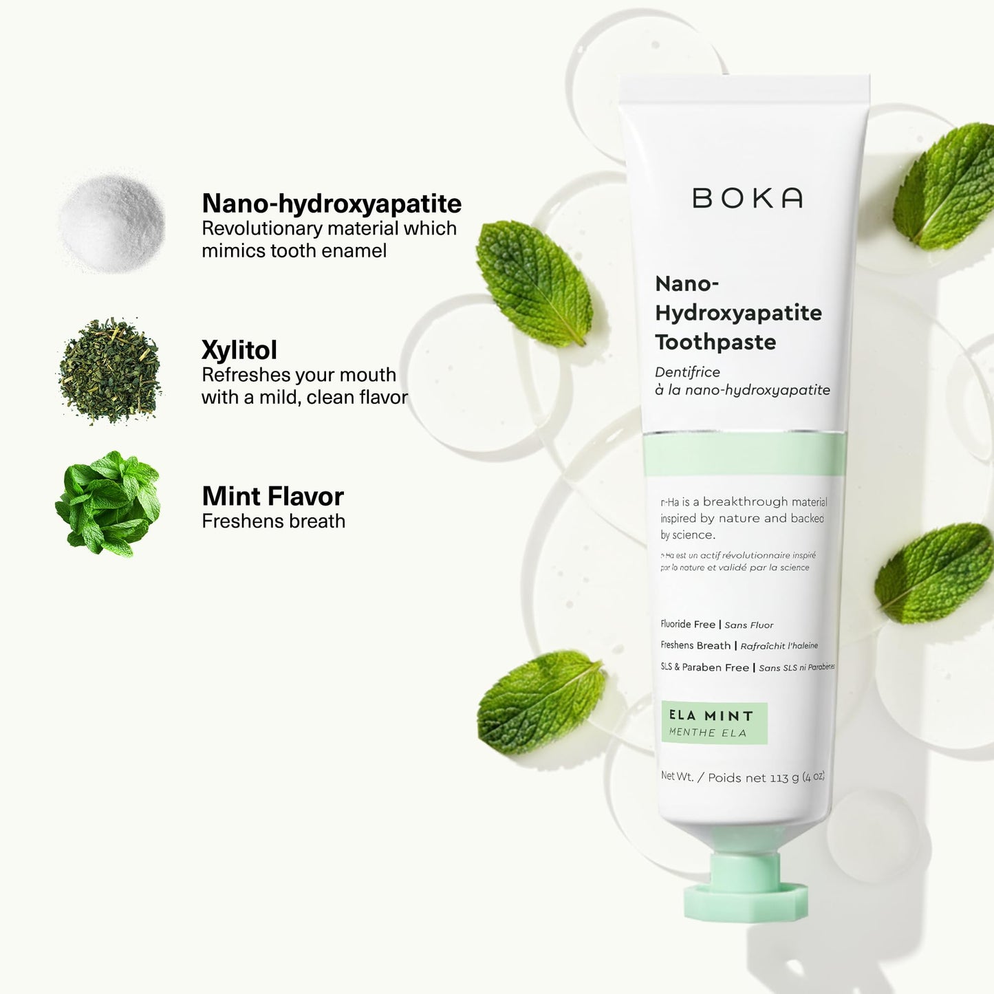 Boka Fluoride Free Toothpaste - Nano Hydroxyapatite - Ela Mint 4oz and Travel Size Mouthwash Tablets - Hydroxyapatite, Fluoride/Alcohol Free & Eco-Friendly