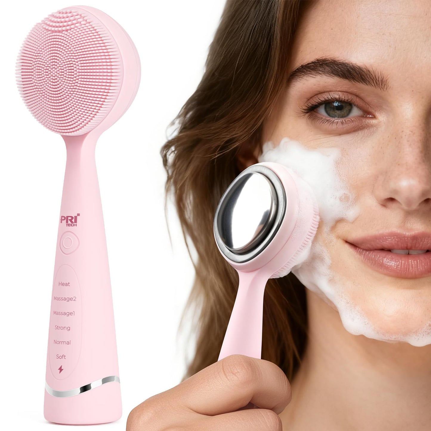 PRITECH Facial Cleansing Brush with Vibrating, Rechargeable Silicone Face Scrubber for Deep Pore Cleaning, Exfoliator & Waterproof Face Brush with Heat End for for Women and Men (Pink)