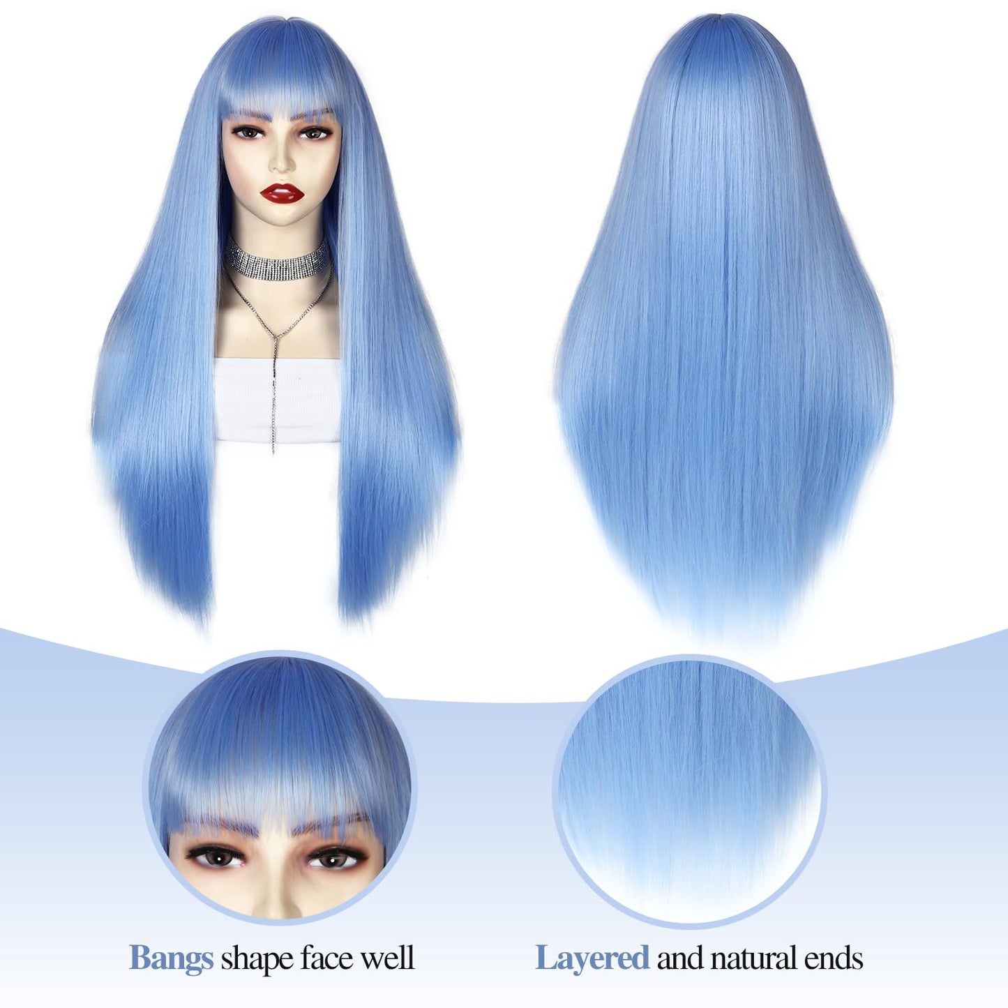 Lady Hanne Long Straight Wig With Bangs Light Blue Silky Straight Hair Wigs for Women 28 Inch Synthetic Heat Resistant Fiber Wig for Cosplay Daily Party Use