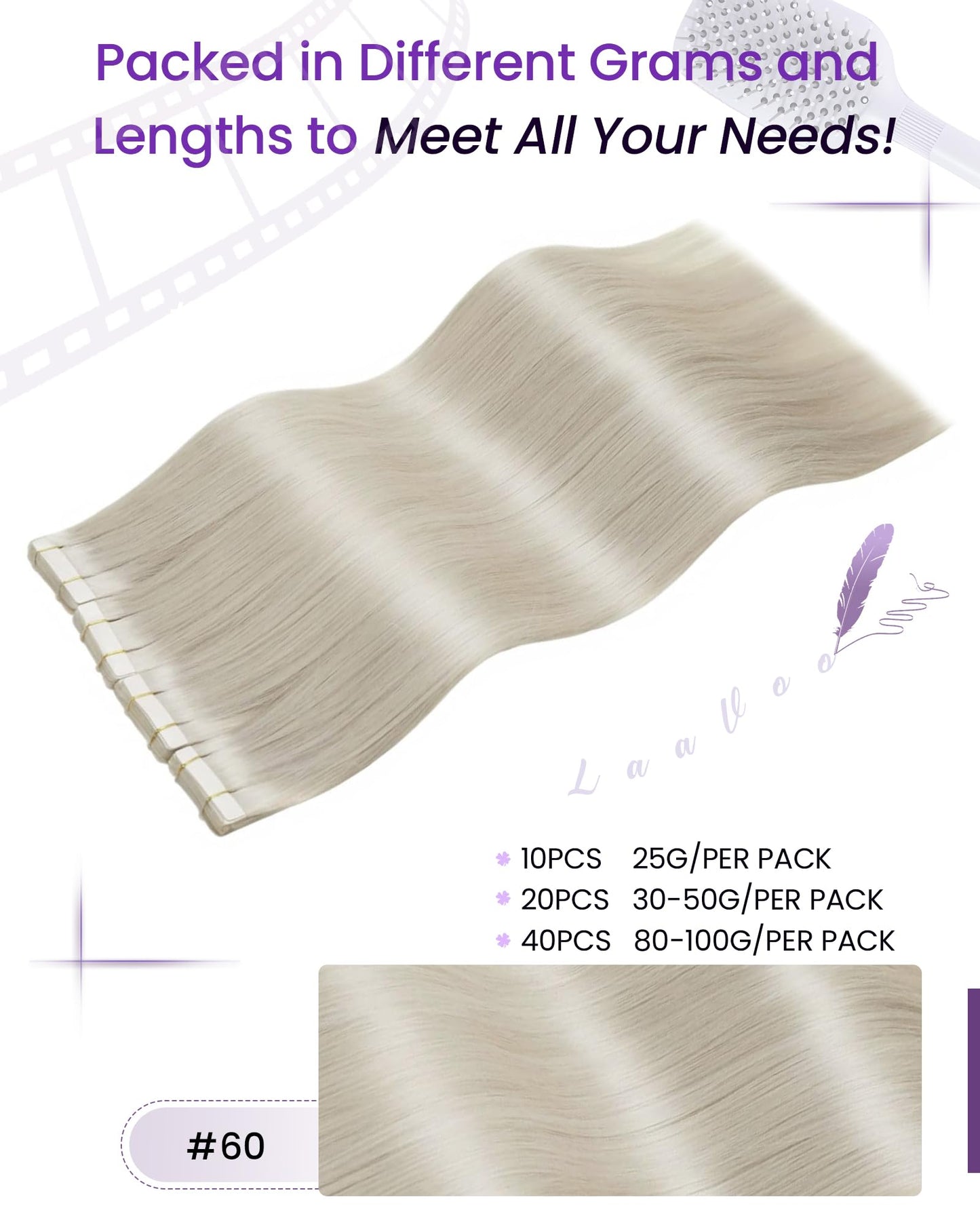 LaaVoo Tape in Hair Extensions Human Hair Tape in Extension Platinum Blonde 18 Inch Tape ins Hair Extension White Blonde Seamless Hair 20pcs/50gram
