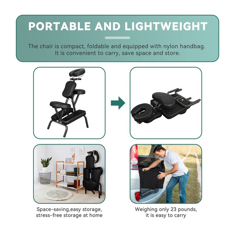 JupiterForce Portable Massage Chair Foldable Lightweight Tattoo Therapy Chair with Adjustable 4 Inches Thick Sponge Face Cradle for Client Spa Salon Massage with Carrying Bag (Black)