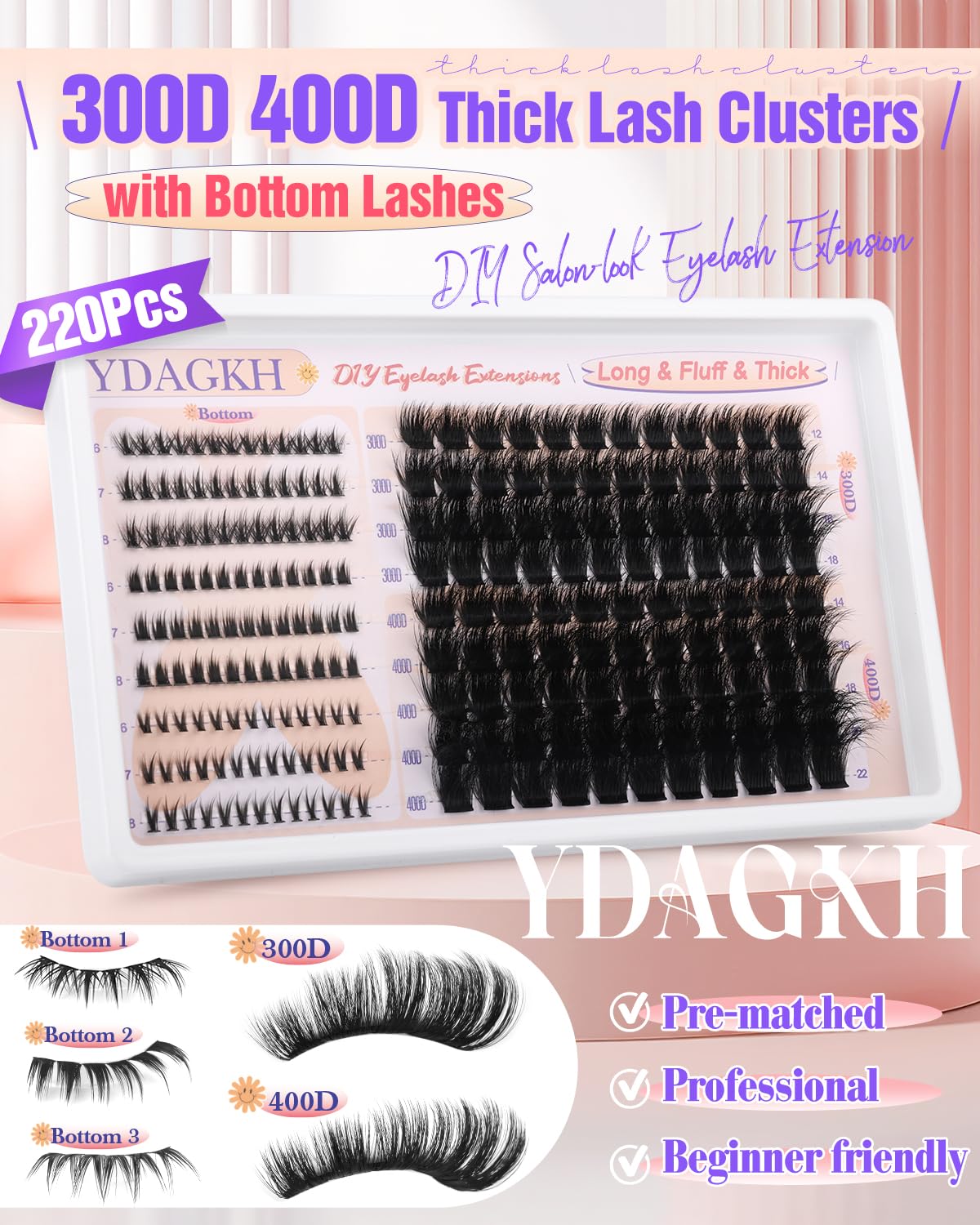Thick Lash Clusters 300D+400D Volume Eyelash Clusters 12-22mm Long Fluff Cluster Eyelash Extensions Mega Full DIY Salon-look Wispy Lash Extension with Bottom Lashes 5 Styles 220Pcs