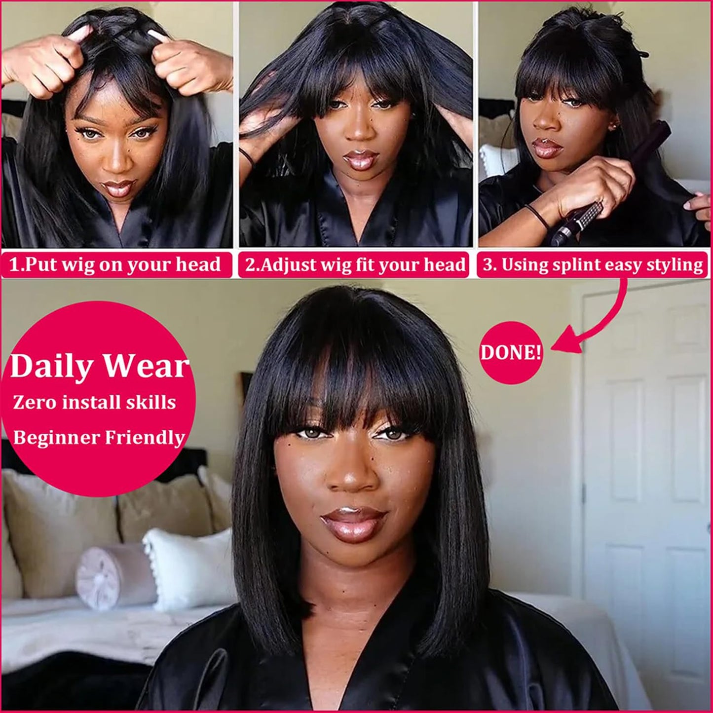 Lusina Bob Wig Human Hair With Bangs Glueless 2x4 HD Lace Colsure Wigs, Ready to Go Short Wigs For Women Beginner Friendly (Black, 10 Inch)