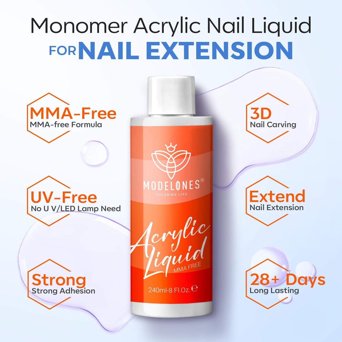 modelones 8 oz Monomer - Professional Monomer Acrylic Nail Liquid 240ml for Acrylic Powder, Nail Extension 3D Carving - MMA Free Low Odor Non-Yellowing DIY Salon Home