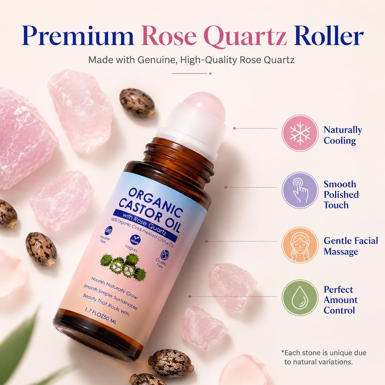 SDXJIOGE Organic Castor Oil with Rose Quartz Roller, 100% Pure Cold-Pressed, Organic Castor Oil Roll On Rose Quartz, Hexane-Free,Amber Glass Bottle for Skin 1.7oz (2)