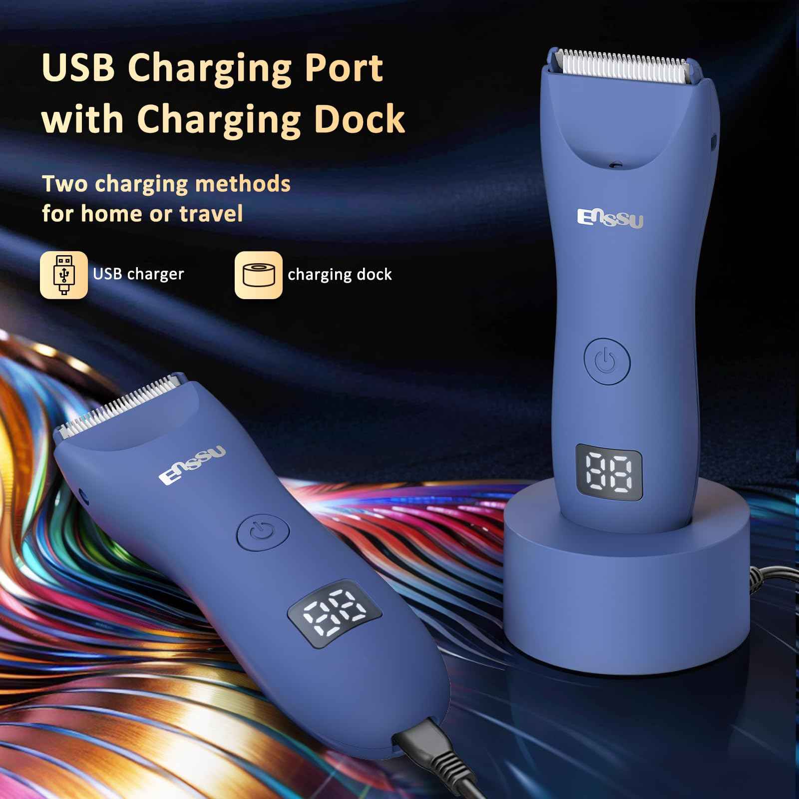 ENSSU Body Hair Trimmer for Men with Light, IPX7 Waterproof Ball Pubic Groin Hair Trimmer for Man with Ceramic Blade, Rechargeable Body Groomer for Men with Charing Dock,LED Display,Blue