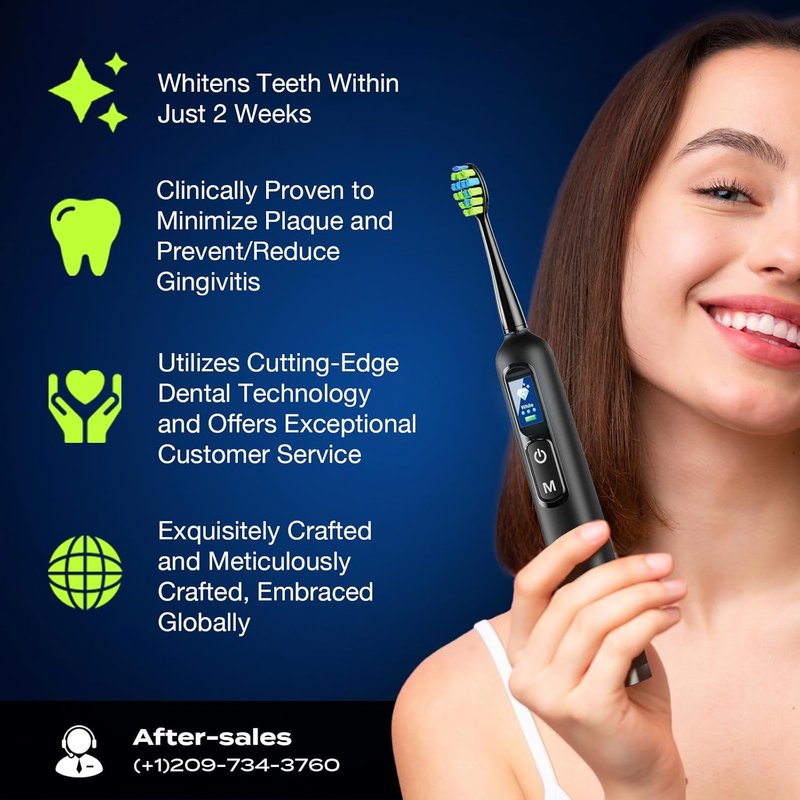 Electric Toothbrush for Adults & Teens - LED Screen, 3 Intensity Levels & 5 Modes | 90-Day Battery Life, Fast Charge, 8 Brush Heads (Black)