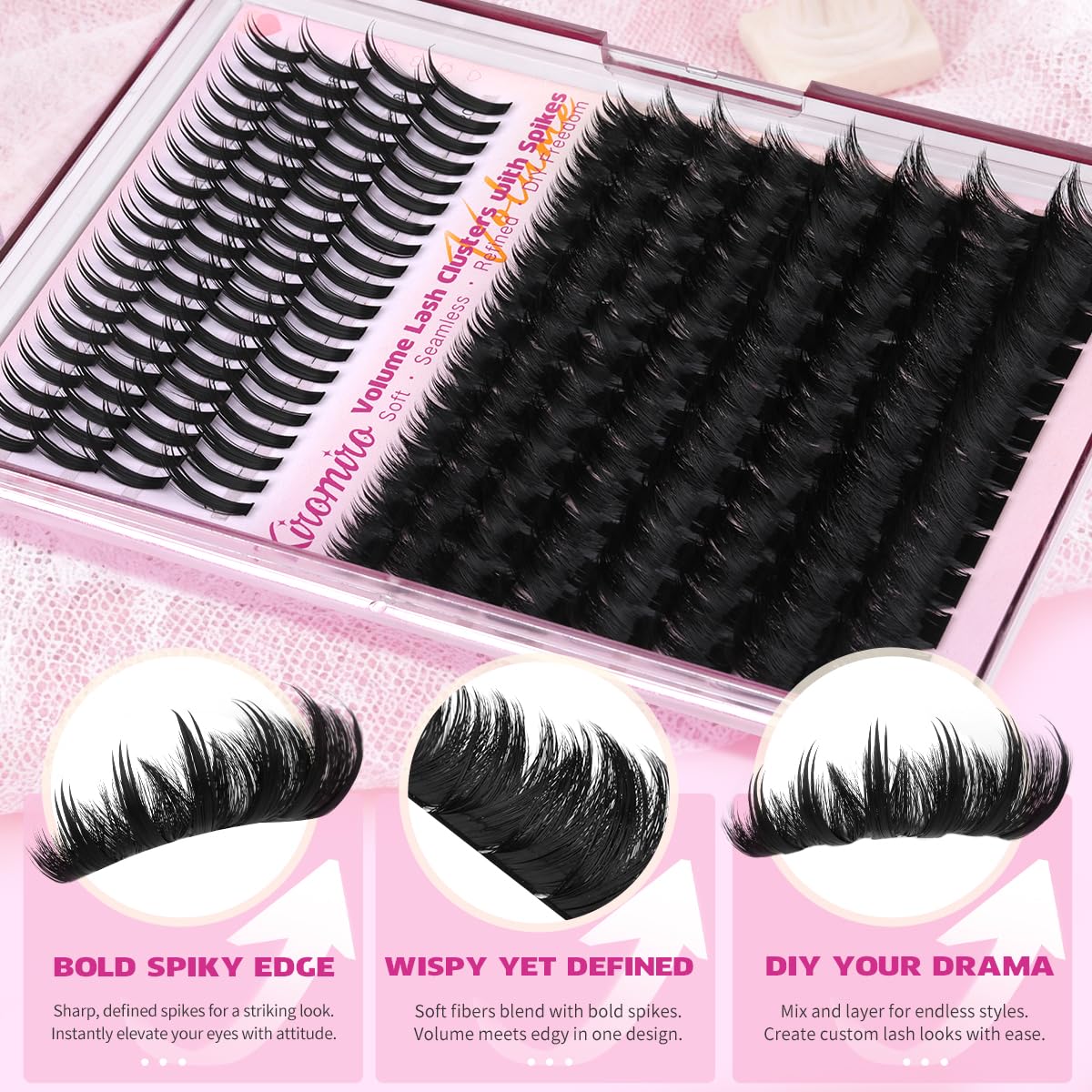 Kiromiro Lash Clusters With Spikes Fluffy Cluster Eyelash Extensions 10-18mm Volume Eyelash Clusters DIY Thick Cluster Lashes with 14-20mm Spikes Lash Clusters