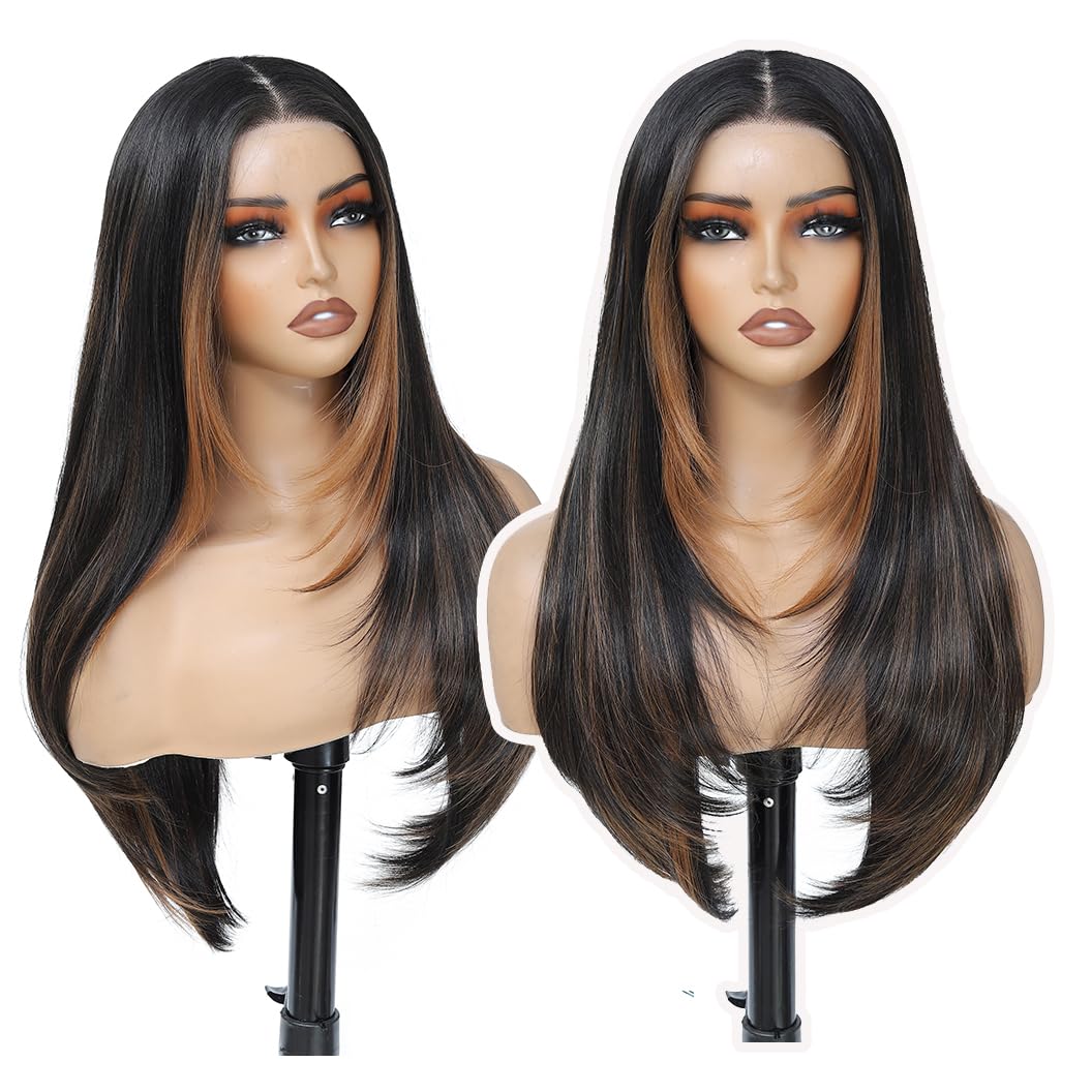 HD Synthetic Lace Front Wig for Black Women - 26-Inch Straight Layered Honey Blonde with Black Skunk Stripe