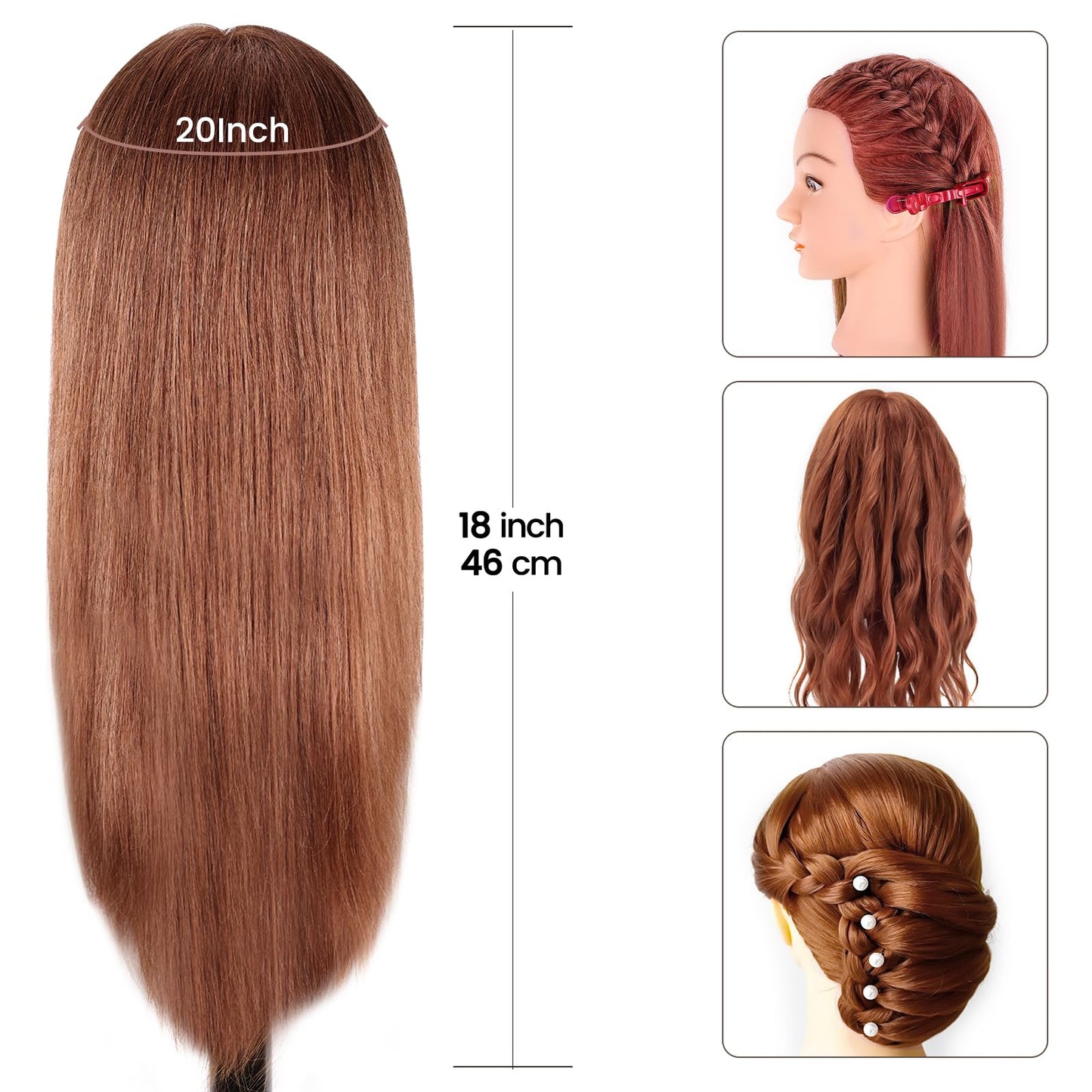 MYSWEETY Mannequin Head with Hair, Doll Head for Hair Styling, Manikin Head with 100% Human Hair Cosmetology Makeup Hairdressing Training Head with Clamp Holder and Tools(18" Auburn, Makeup)