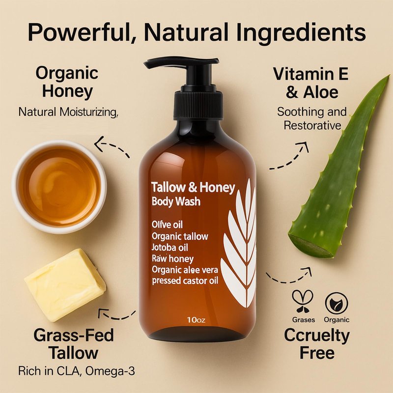 MZXDXZE Tallow and Honey Body Wash, Tallow Infused Body Wash, with Organic Honey, with Tallow Vitamin E & Aloe, Grass-Fed Tallow - Soothes Dry, for Men & Women - 10 Oz (1)