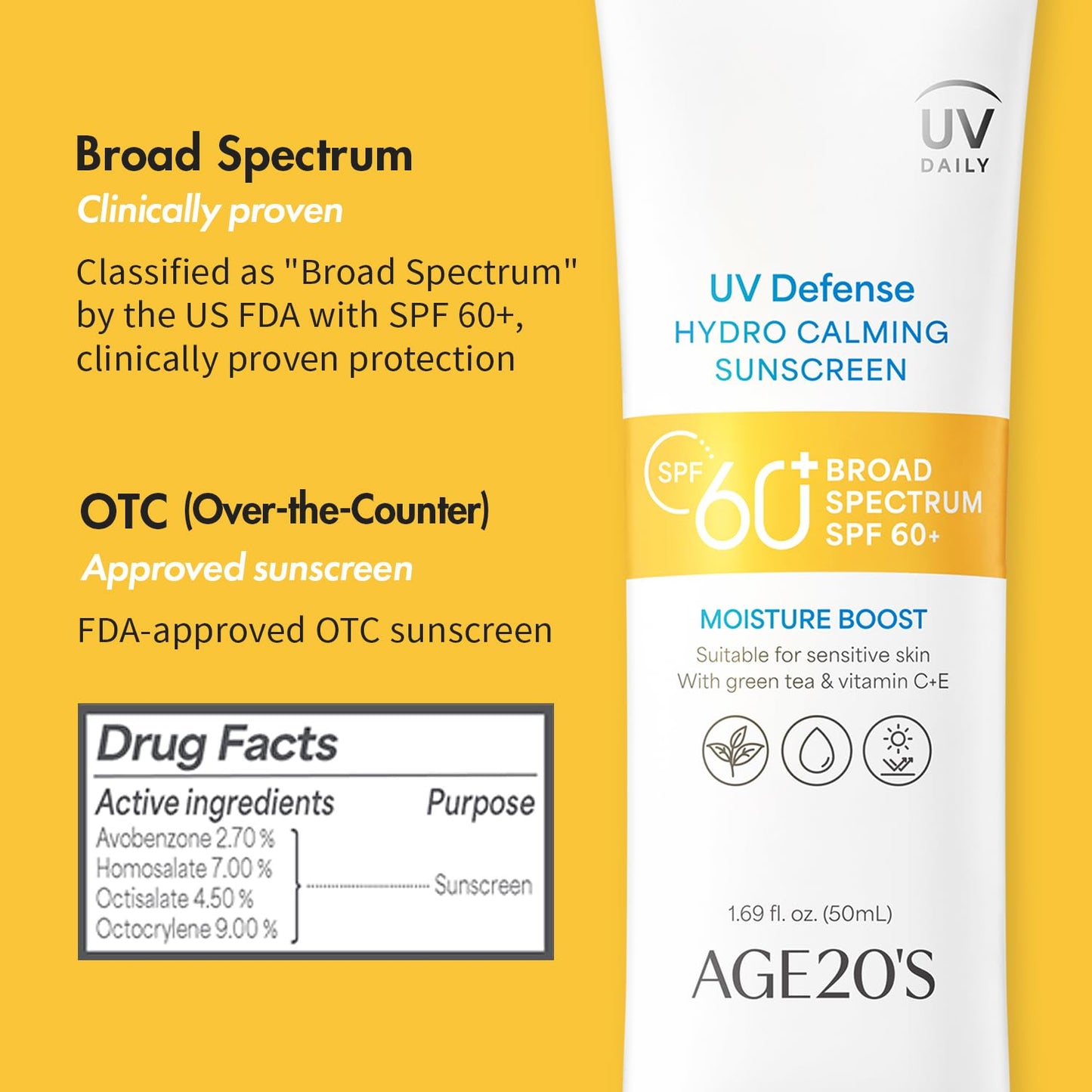 AGE20'S UV Defense Hydro Calming Sunscreen SPF 60+ - Lightweight, Moisturizing Formula with Green Tea & Aloe Vera | 1.69 fl. oz.
