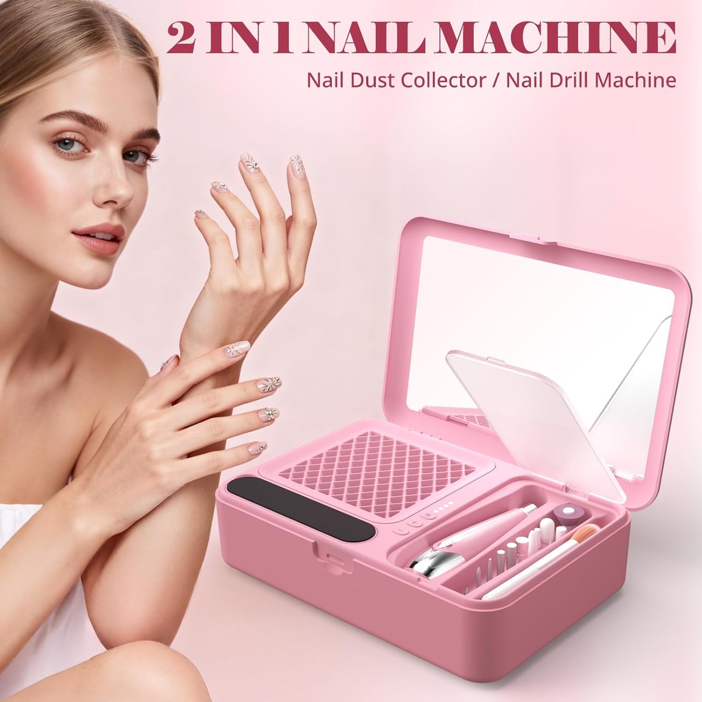 Nail Dust Collector & Cordless Electric Nail Drill Kit | Professional Manicure & Pedicure with 13 Bits - Pink